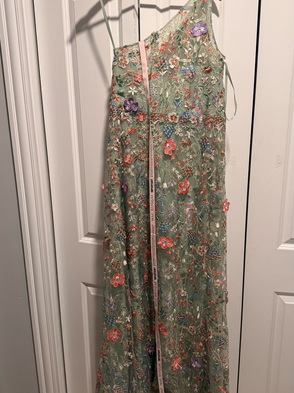 Mac Duggal Sage Green One-Shoulder Floral Embroidered Gown - Picture 4 of 5